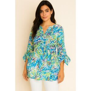 Lilly Pulitzer Braylen Palm Reader Pin Tuck Tunic Top Women's‎ Sz M Long Sleeve